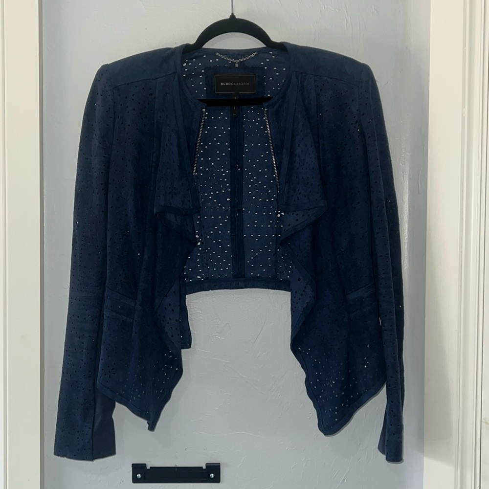 BCBG MAXAZRIA navy blue “Eliot” suede-like jacket in “carbon”  - sz xs